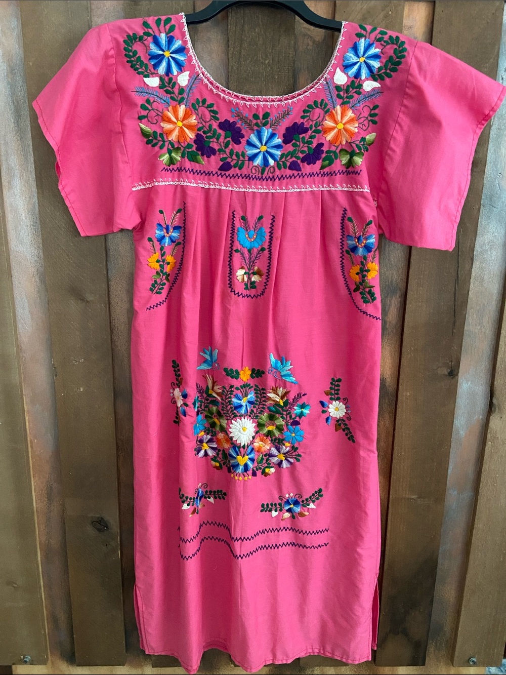 Embroidered Pink Maxi Dress with Floral Detail Hand Sewn and bought in Mexico